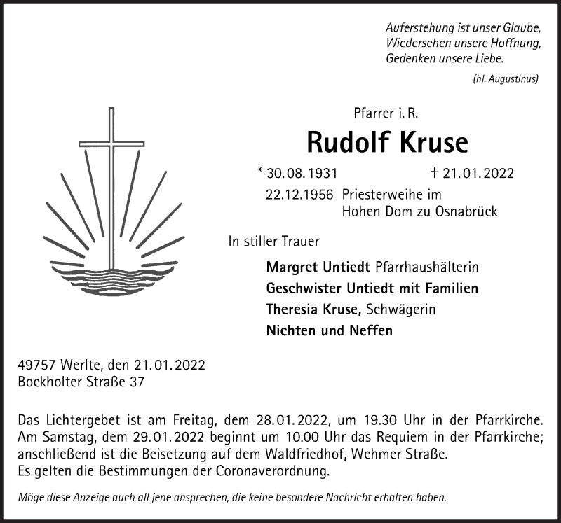  Traueranzeige für Rudolf Kruse vom 25.01.2022 aus Neue Osnabrücker Zeitung GmbH & Co. KG