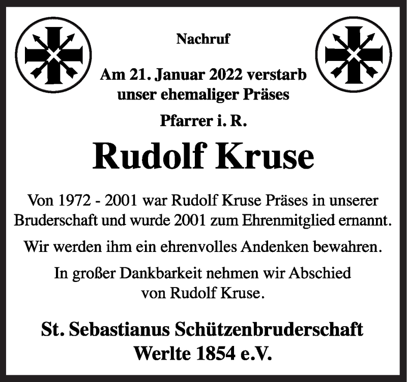  Traueranzeige für Rudolf Kruse vom 26.01.2022 aus Neue Osnabrücker Zeitung GmbH & Co. KG