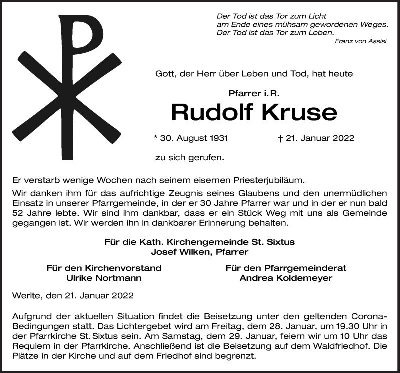  Traueranzeige für Rudolf Kruse vom 26.01.2022 aus Neue Osnabrücker Zeitung GmbH & Co. KG