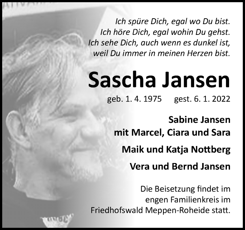  Traueranzeige für Sascha Jansen vom 11.01.2022 aus Neue Osnabrücker Zeitung GmbH & Co. KG