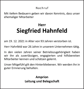 Traueranzeige von Siegfried Hahnfeld von Neue Osnabrücker Zeitung GmbH & Co. KG