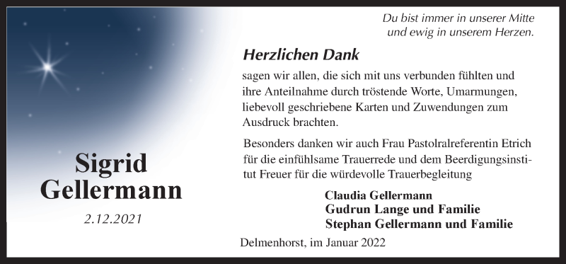  Traueranzeige für Sigrid Gellermann vom 15.01.2022 aus Neue Osnabrücker Zeitung GmbH & Co. KG