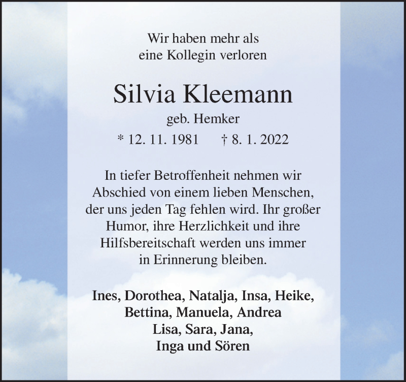  Traueranzeige für Silvia Kleemann vom 13.01.2022 aus Neue Osnabrücker Zeitung GmbH & Co. KG