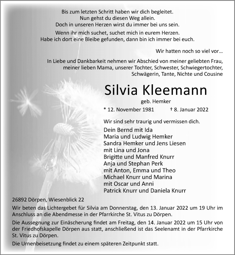  Traueranzeige für Silvia Kleemann vom 11.01.2022 aus Neue Osnabrücker Zeitung GmbH & Co. KG