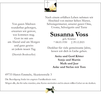 Traueranzeige von Susanna Voss von Neue Osnabrücker Zeitung GmbH & Co. KG