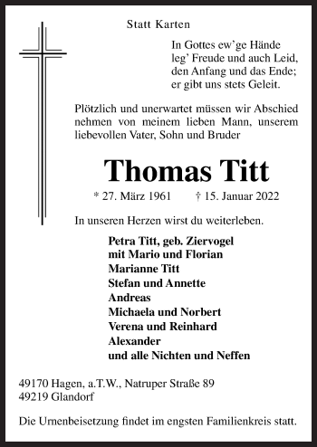 Traueranzeige von Thomas Titt von Neue Osnabrücker Zeitung GmbH & Co. KG