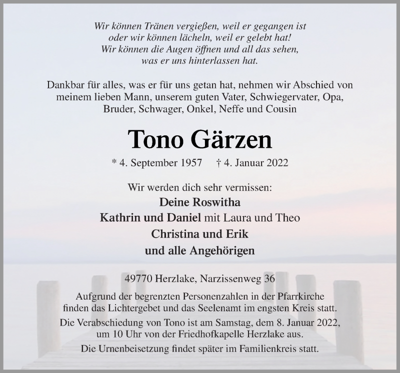  Traueranzeige für Tono Gärzen vom 06.01.2022 aus Neue Osnabrücker Zeitung GmbH & Co. KG