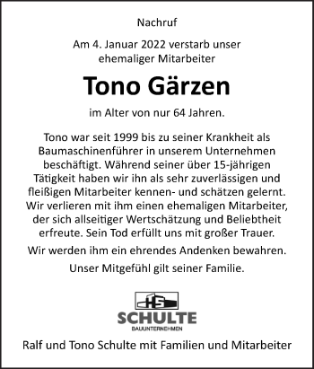 Traueranzeige von Tono Gärzen von Neue Osnabrücker Zeitung GmbH & Co. KG