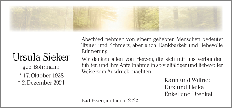  Traueranzeige für Ursula Sieker vom 15.01.2022 aus Neue Osnabrücker Zeitung GmbH & Co. KG