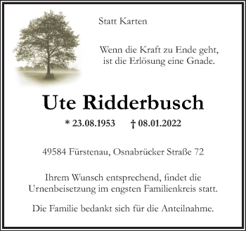 Traueranzeige von Ute Ridderbusch von Neue Osnabrücker Zeitung GmbH & Co. KG