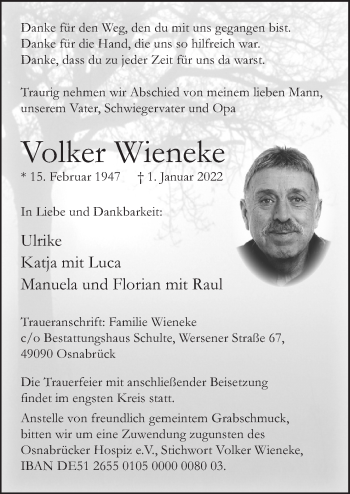 Traueranzeige von Volker Wieneke von Neue Osnabrücker Zeitung GmbH & Co. KG