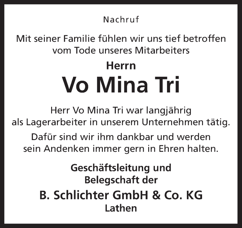  Traueranzeige für Vo Mina Tri vom 25.01.2022 aus Neue Osnabrücker Zeitung GmbH & Co. KG