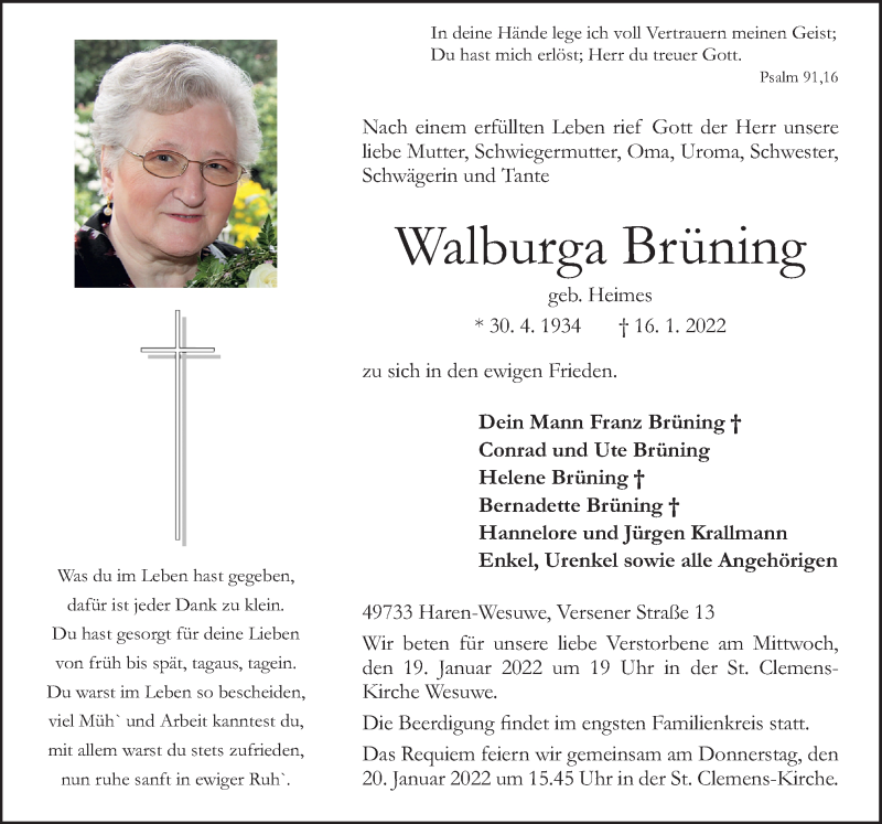  Traueranzeige für Walburga Brüning vom 18.01.2022 aus Neue Osnabrücker Zeitung GmbH & Co. KG