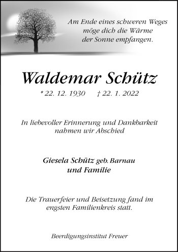 Traueranzeige von Waldemar Schütz von Neue Osnabrücker Zeitung GmbH & Co. KG