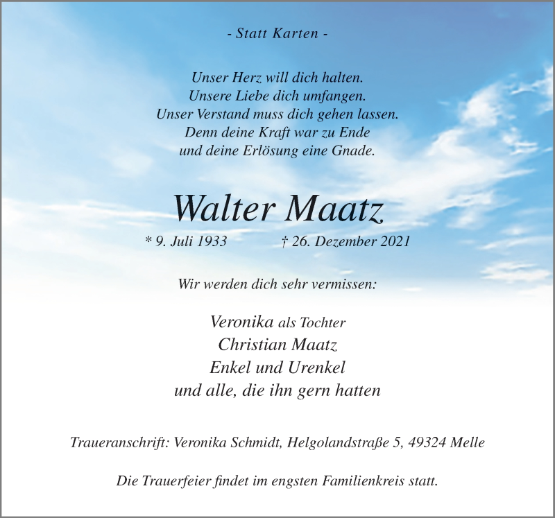  Traueranzeige für Walter Maatz vom 08.01.2022 aus Neue Osnabrücker Zeitung GmbH & Co. KG