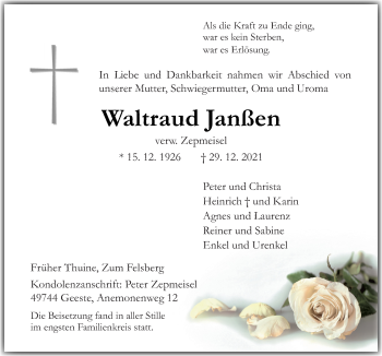 Traueranzeige von Waltraud Janßen von Neue Osnabrücker Zeitung GmbH & Co. KG