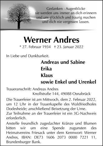 Traueranzeige von Werner Andres von Neue Osnabrücker Zeitung GmbH & Co. KG