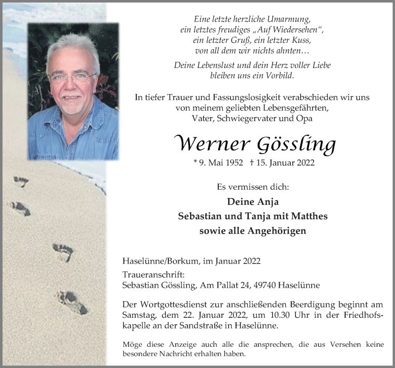  Traueranzeige für Werner Gössling vom 19.01.2022 aus Neue Osnabrücker Zeitung GmbH & Co. KG
