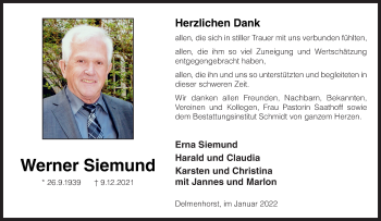 Traueranzeige von Werner Siemund von Neue Osnabrücker Zeitung GmbH & Co. KG