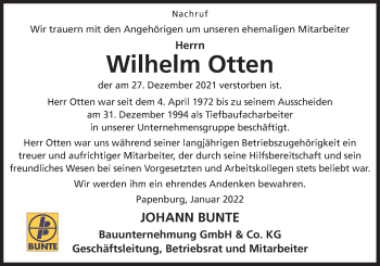 Traueranzeige von Wilhelm Otten von Neue Osnabrücker Zeitung GmbH & Co. KG