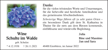 Traueranzeige von Wine Schulte im Walde von Neue Osnabrücker Zeitung GmbH & Co. KG