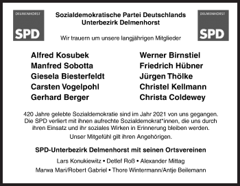Traueranzeige von Wir trauern SPD-Unterbezirk Delmenhorst von Neue Osnabrücker Zeitung GmbH & Co. KG