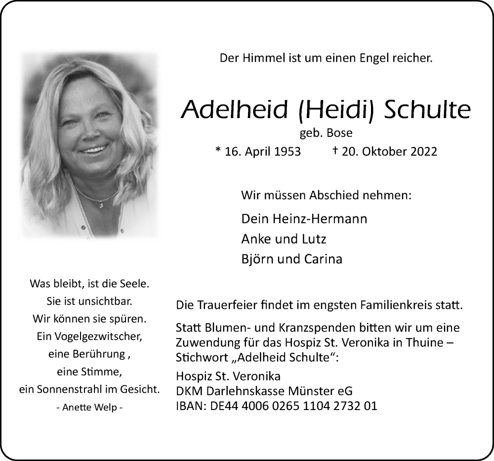  Traueranzeige für Adelheid Schulte vom 22.10.2022 aus Neue Osnabrücker Zeitung GmbH & Co. KG