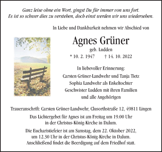 Traueranzeige von Agnes Grüner von Neue Osnabrücker Zeitung GmbH & Co. KG