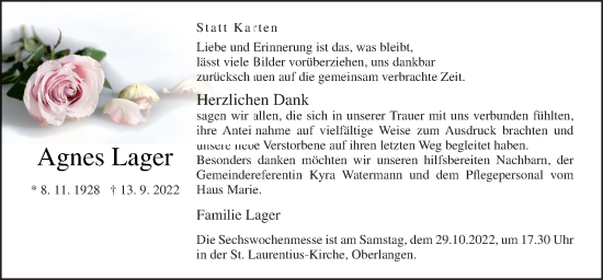 Traueranzeige von Agnes Lager von Neue Osnabrücker Zeitung GmbH & Co. KG