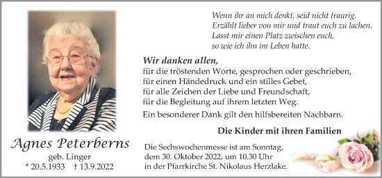 Traueranzeige von Agnes Peterberns von Neue Osnabrücker Zeitung GmbH & Co. KG