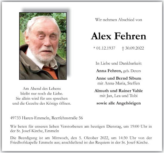 Traueranzeige von Alex Fehren von Neue Osnabrücker Zeitung GmbH & Co. KG