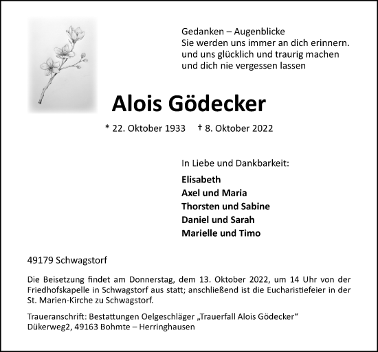 Traueranzeige von Alois Gödecker von Neue Osnabrücker Zeitung GmbH & Co. KG