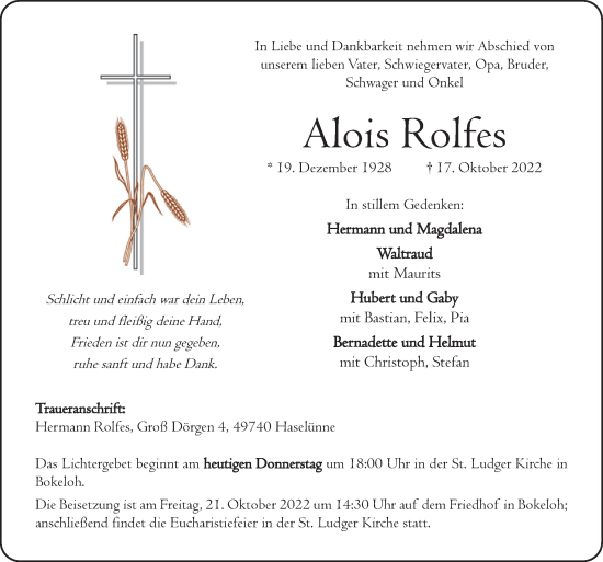 Traueranzeige von Alois Rolfes von Neue Osnabrücker Zeitung GmbH & Co. KG