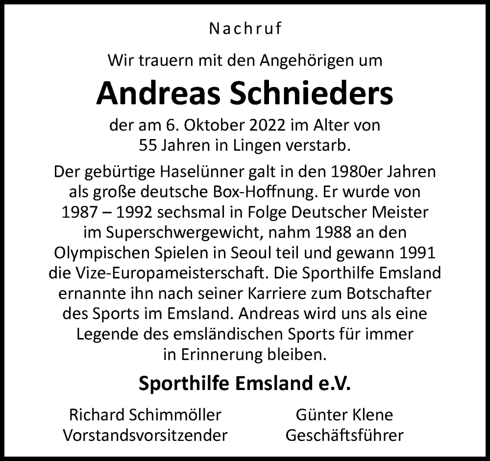  Traueranzeige für Andreas Schnieders vom 22.10.2022 aus Neue Osnabrücker Zeitung GmbH & Co. KG