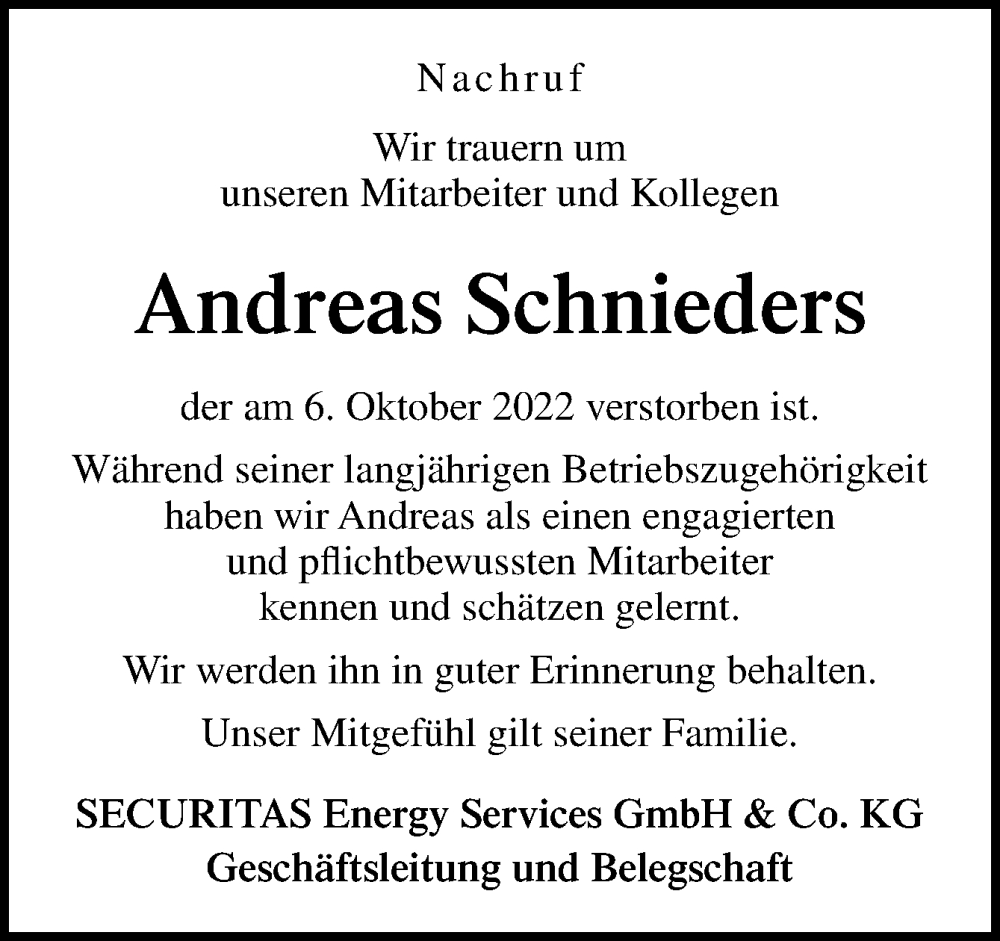  Traueranzeige für Andreas Schnieders vom 26.10.2022 aus Neue Osnabrücker Zeitung GmbH & Co. KG