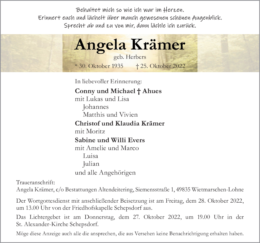  Traueranzeige für Angela Krämer vom 27.10.2022 aus Neue Osnabrücker Zeitung GmbH & Co. KG