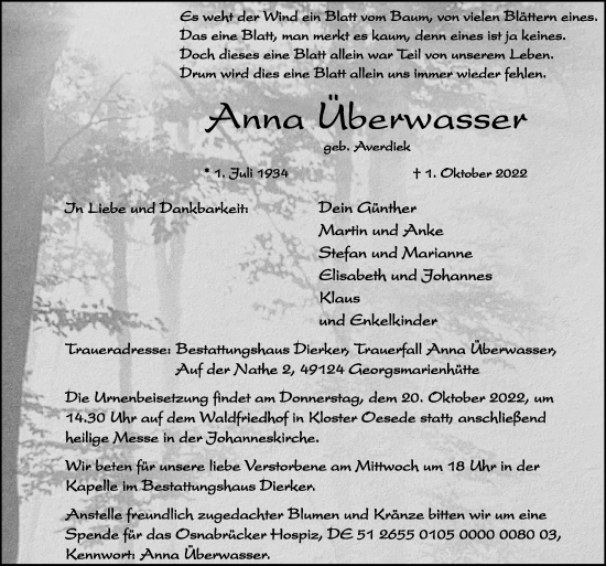 Traueranzeige von Anna Überwasser von Neue Osnabrücker Zeitung GmbH & Co. KG