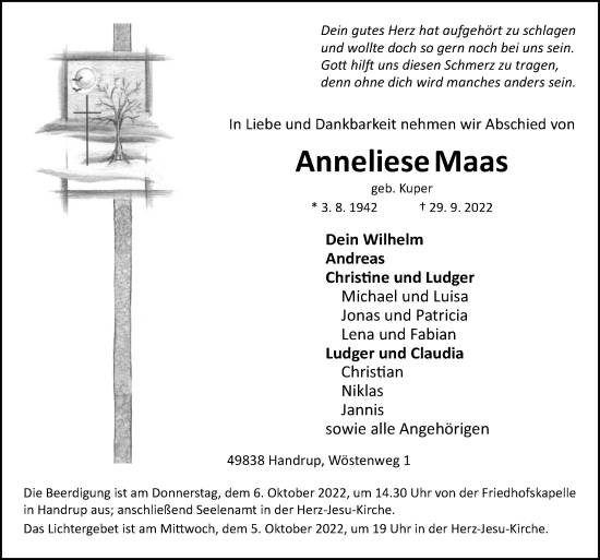 Traueranzeige von Anneliese Maas von Neue Osnabrücker Zeitung GmbH & Co. KG