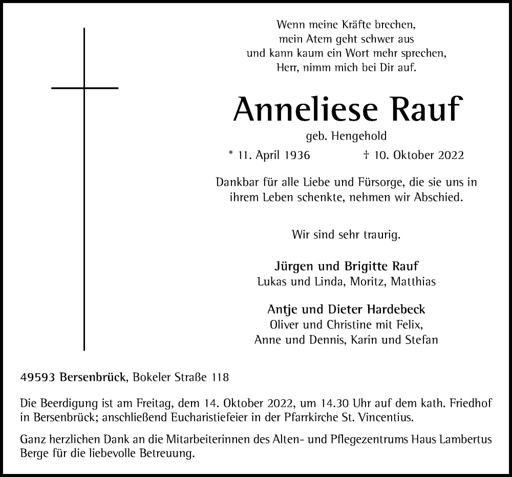  Traueranzeige für Anneliese Rauf vom 14.10.2022 aus Neue Osnabrücker Zeitung GmbH & Co. KG