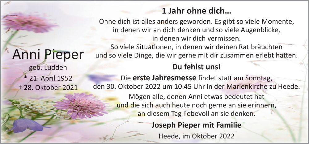  Traueranzeige für Anni Pieper vom 26.10.2022 aus Neue Osnabrücker Zeitung GmbH & Co. KG