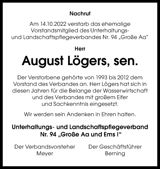 Traueranzeige von August Lögers von Neue Osnabrücker Zeitung GmbH & Co. KG