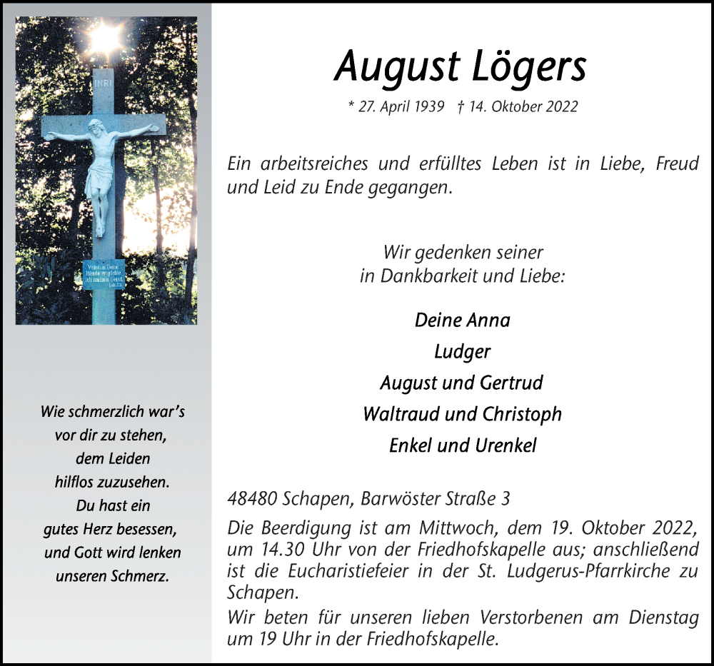  Traueranzeige für August Lögers vom 17.10.2022 aus Neue Osnabrücker Zeitung GmbH & Co. KG