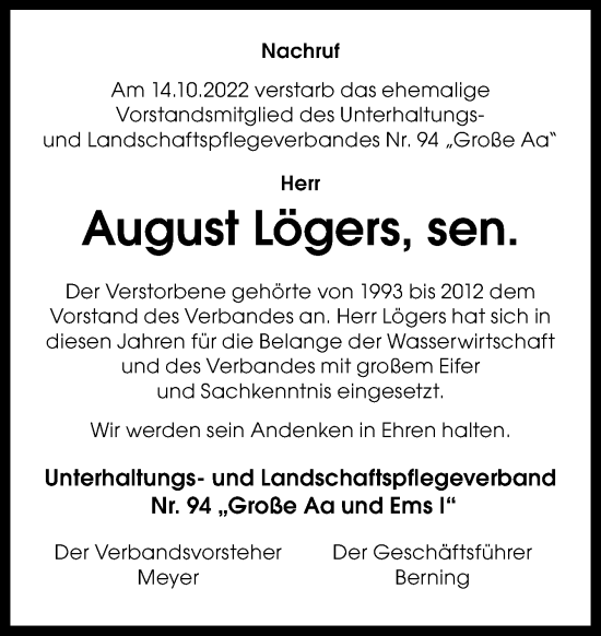 Traueranzeige von August Lögers von Neue Osnabrücker Zeitung GmbH & Co. KG