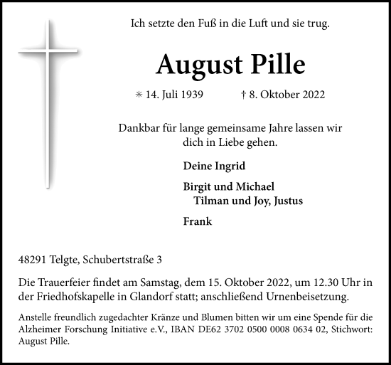 Traueranzeige von August Pille von Neue Osnabrücker Zeitung GmbH & Co. KG