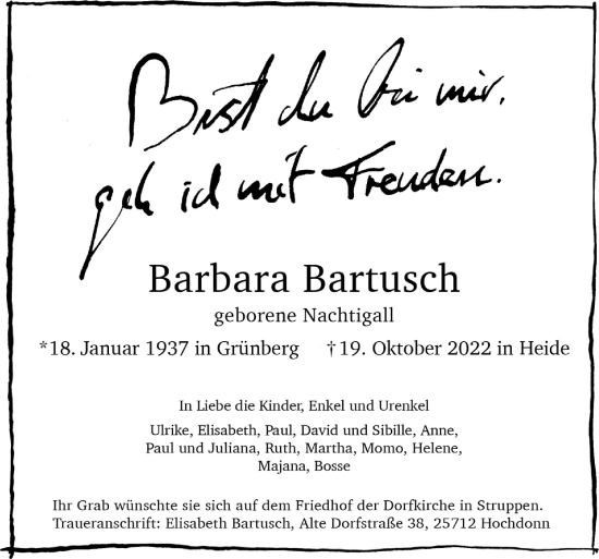 Traueranzeige von Barbara Bartusch von Neue Osnabrücker Zeitung GmbH & Co. KG