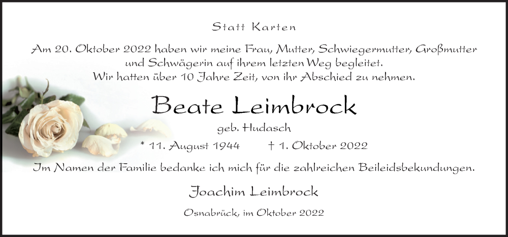  Traueranzeige für Beate Leimbrock vom 22.10.2022 aus Neue Osnabrücker Zeitung GmbH & Co. KG