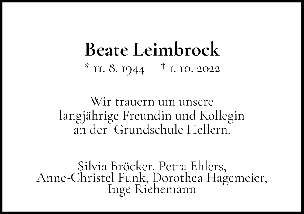  Traueranzeige für Beate Leimbrock vom 08.10.2022 aus Neue Osnabrücker Zeitung GmbH & Co. KG