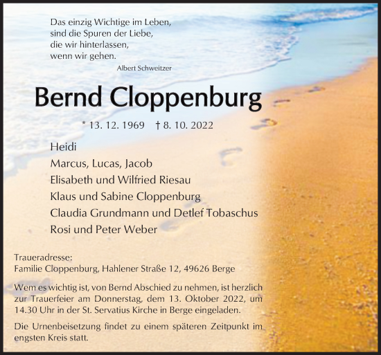 Traueranzeige von Bernd Cloppenburg von Neue Osnabrücker Zeitung GmbH & Co. KG