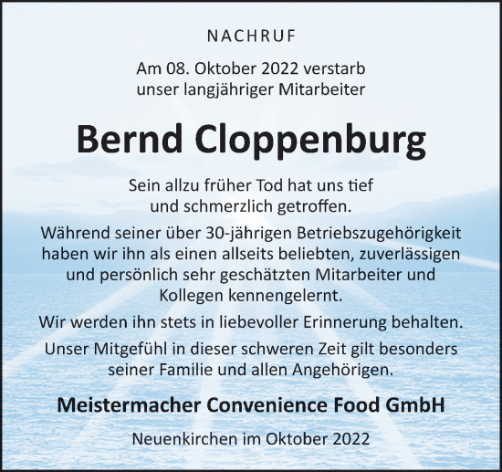 Traueranzeige von Bernd Cloppenburg von Neue Osnabrücker Zeitung GmbH & Co. KG