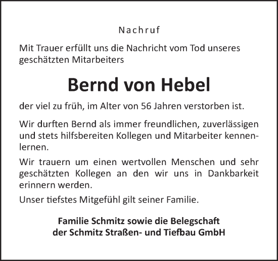 Traueranzeige von Bernd von Hebel von Neue Osnabrücker Zeitung GmbH & Co. KG